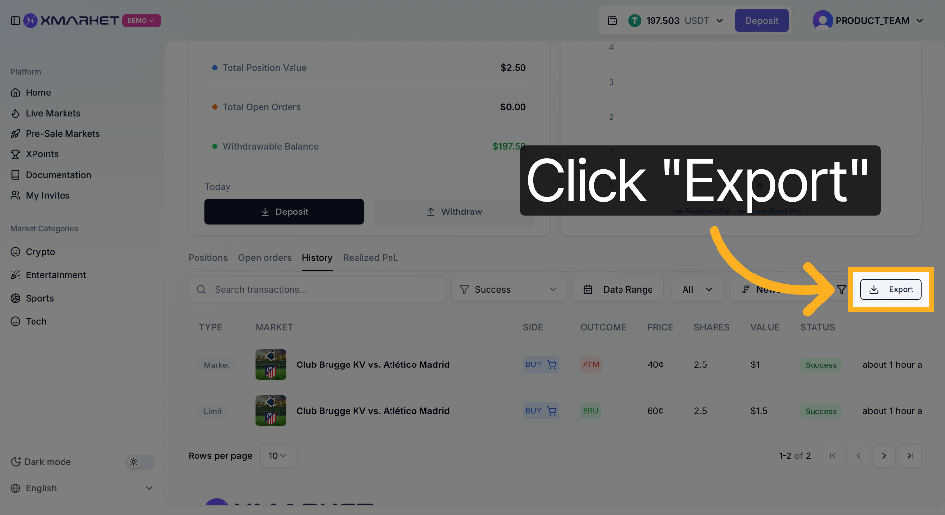 Export trade history button